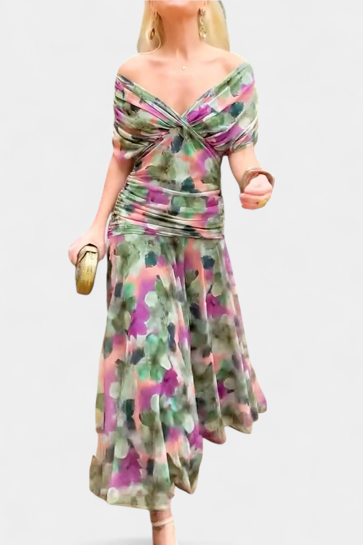Selene | Women's Chiffon Off-Shoulder Ruched Twist-Front Midi Dress Carol & Margaret Wilmington