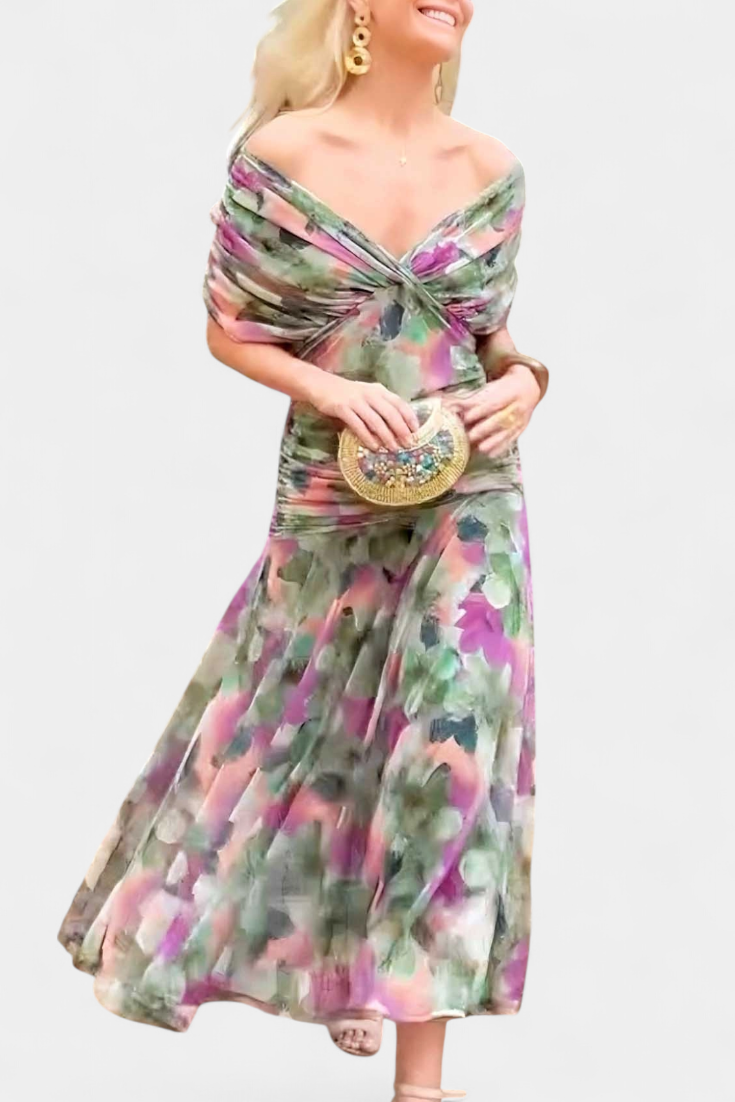 Selene | Women's Chiffon Off-Shoulder Ruched Twist-Front Midi Dress Carol & Margaret Wilmington