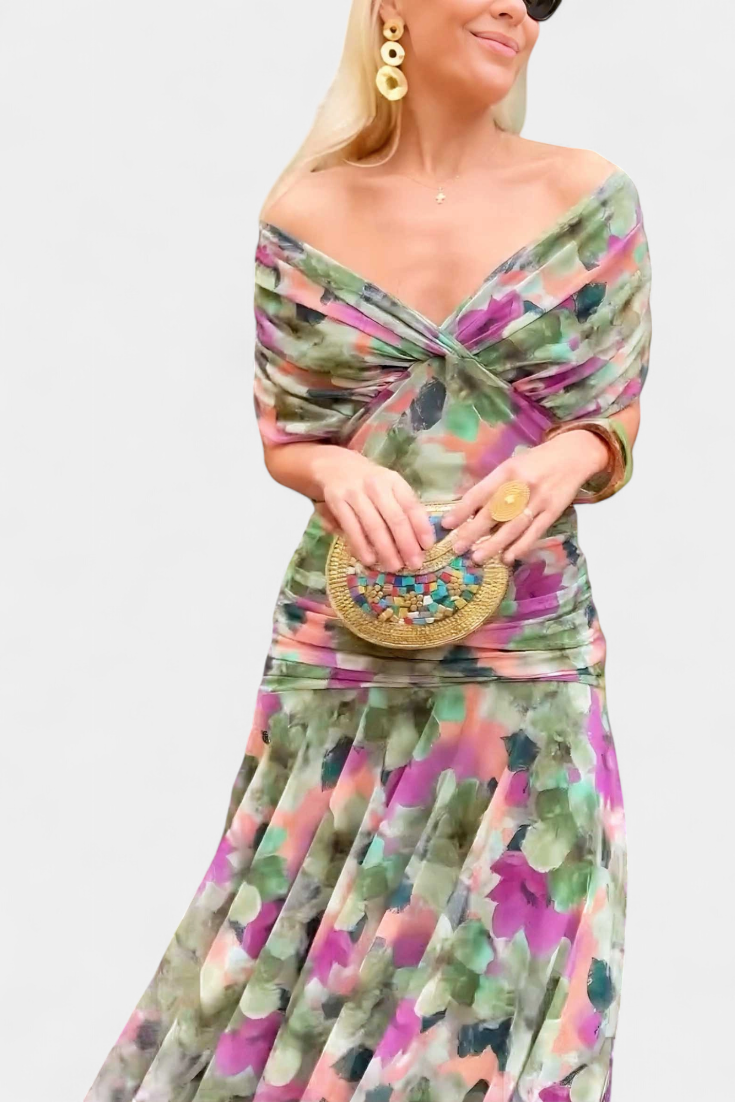 Selene | Women's Chiffon Off-Shoulder Ruched Twist-Front Midi Dress Carol & Margaret Wilmington