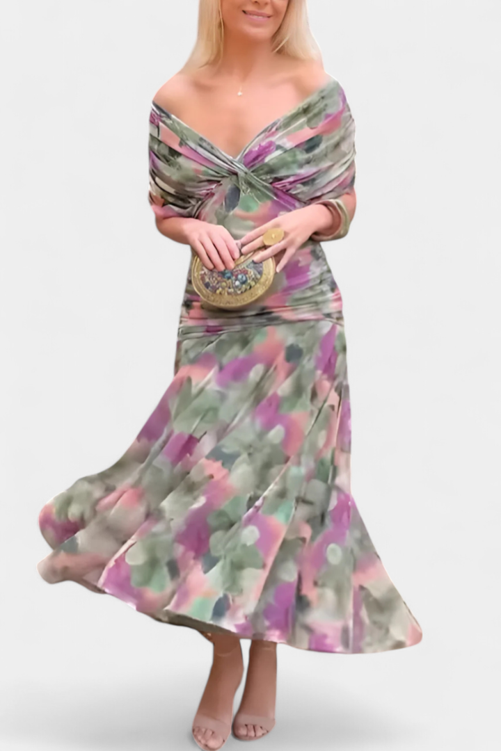 Selene | Women's Chiffon Off-Shoulder Ruched Twist-Front Midi Dress Carol & Margaret Wilmington