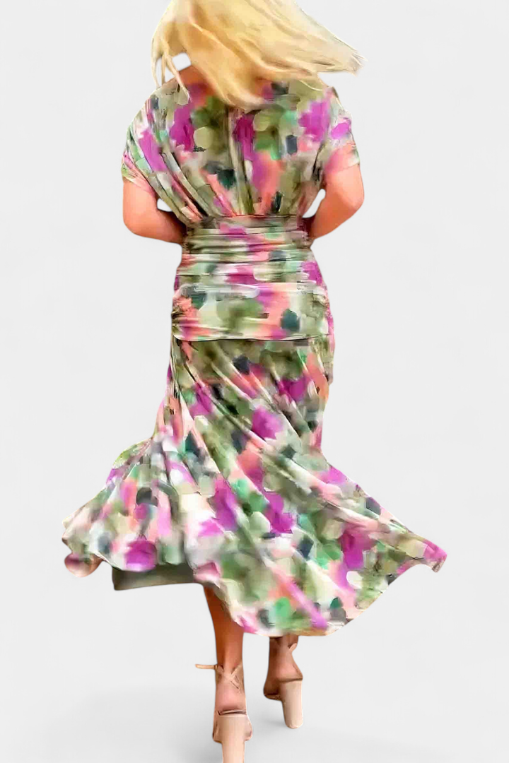 Selene | Women's Chiffon Off-Shoulder Ruched Twist-Front Midi Dress Carol & Margaret Wilmington