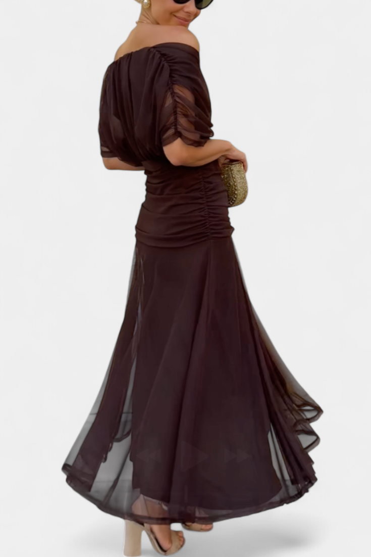 Selene | Women's Chiffon Off-Shoulder Ruched Twist-Front Midi Dress Carol & Margaret Wilmington
