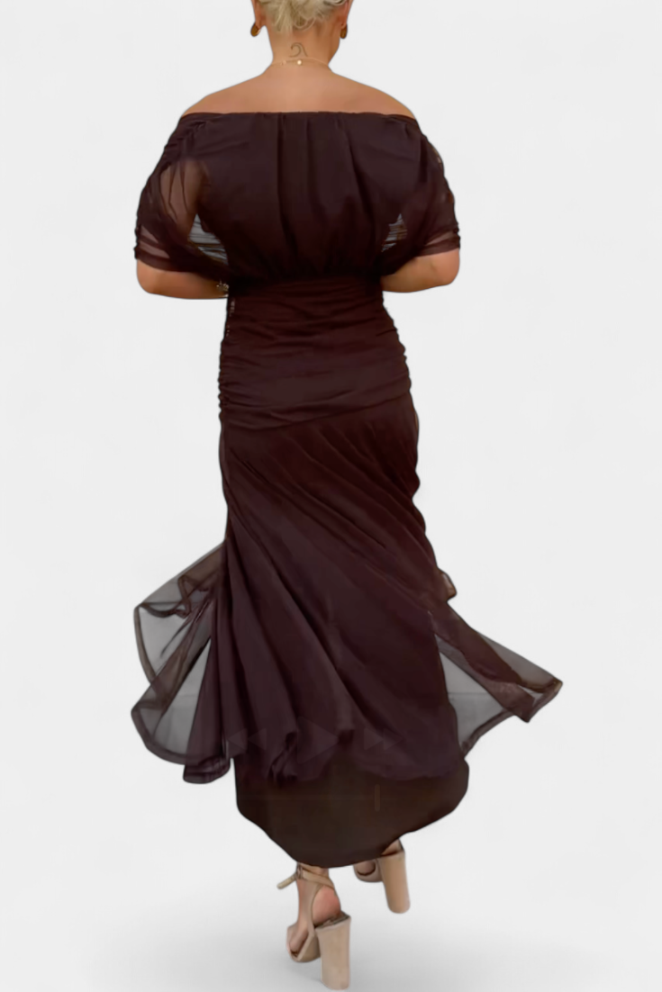 Selene | Women's Chiffon Off-Shoulder Ruched Twist-Front Midi Dress Carol & Margaret Wilmington