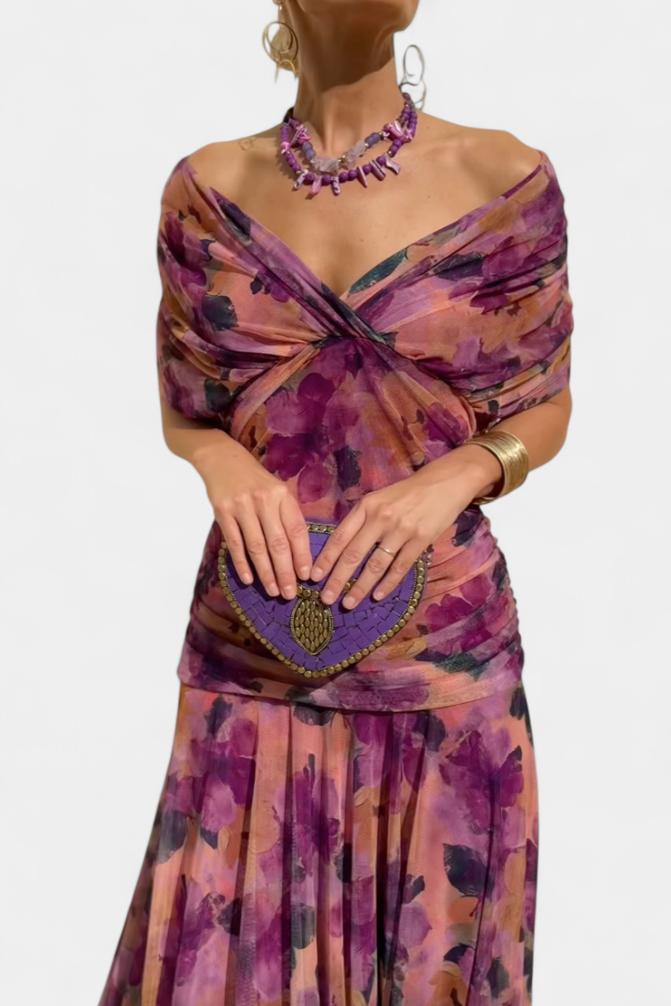 Selene | Women's Chiffon Off-Shoulder Ruched Twist-Front Midi Dress Carol & Margaret Wilmington