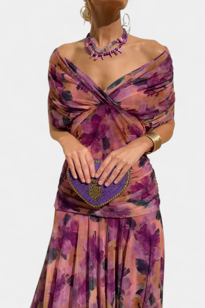 Selene | Women's Chiffon Off-Shoulder Ruched Twist-Front Midi Dress Carol & Margaret Wilmington