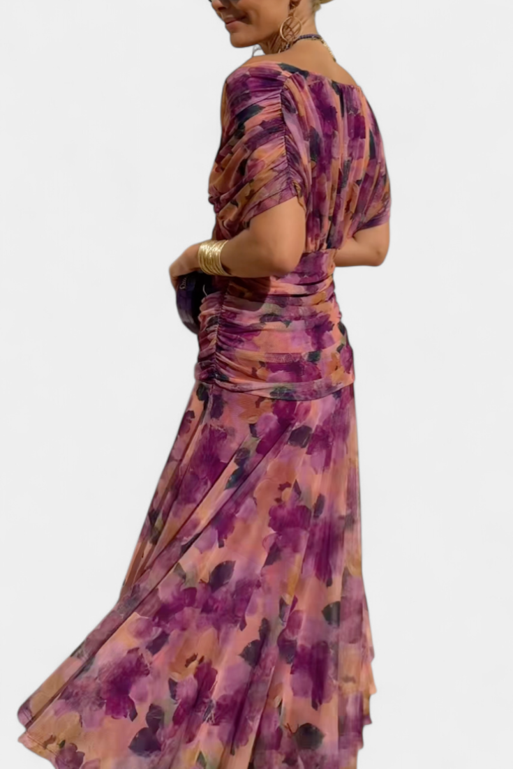 Selene | Women's Chiffon Off-Shoulder Ruched Twist-Front Midi Dress Carol & Margaret Wilmington