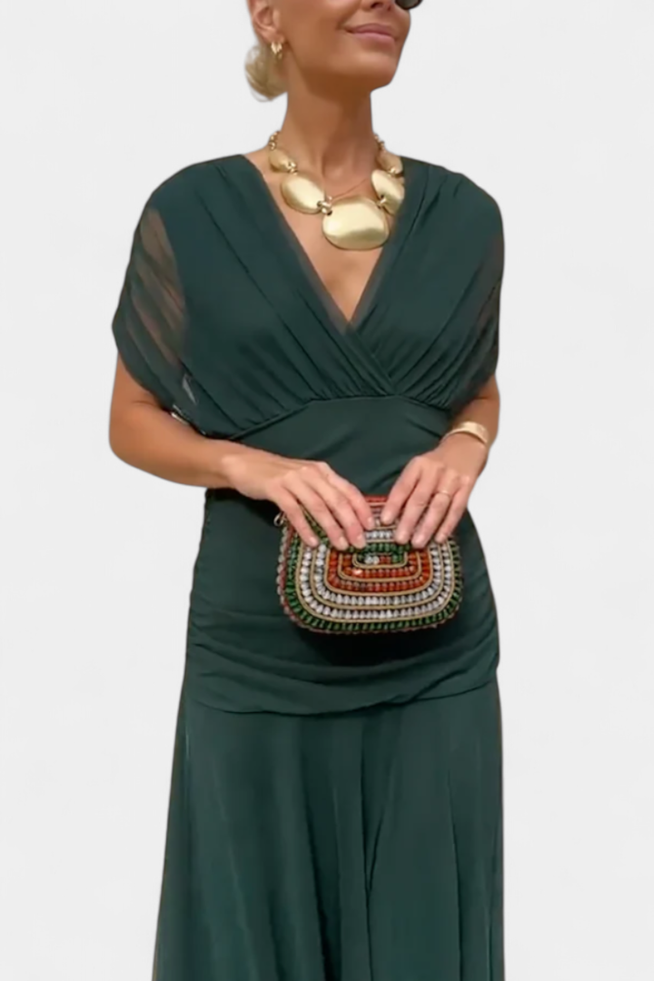Selene | Women's Chiffon Off-Shoulder Ruched Twist-Front Midi Dress Carol & Margaret Wilmington