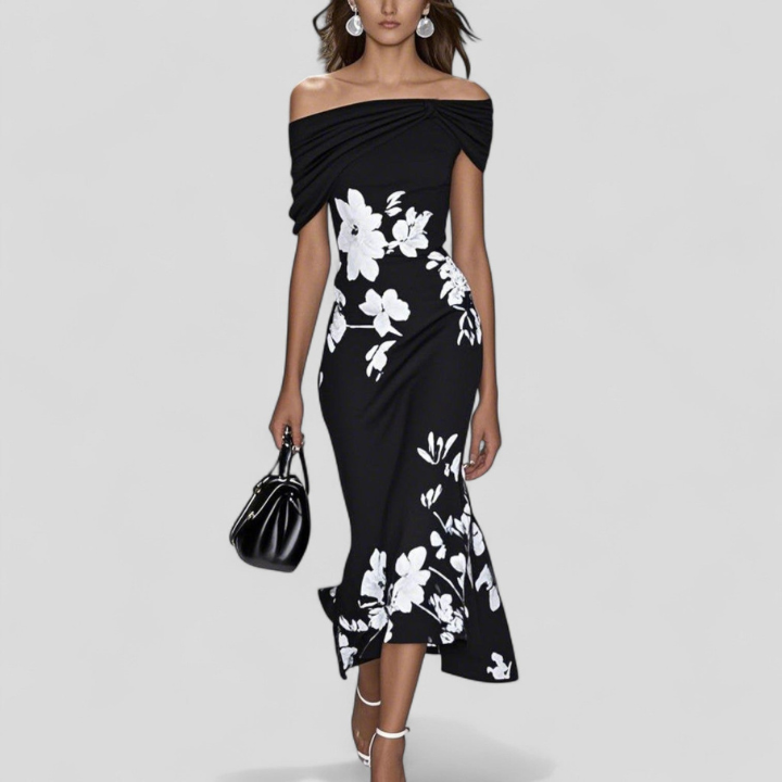 Seraphine | Women's Satin Floral Off-Shoulder Twist-Front Midi Dress Carol & Margaret Wilmington