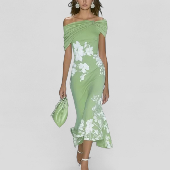 Seraphine | Women's Satin Floral Off-Shoulder Twist-Front Midi Dress Carol & Margaret Wilmington