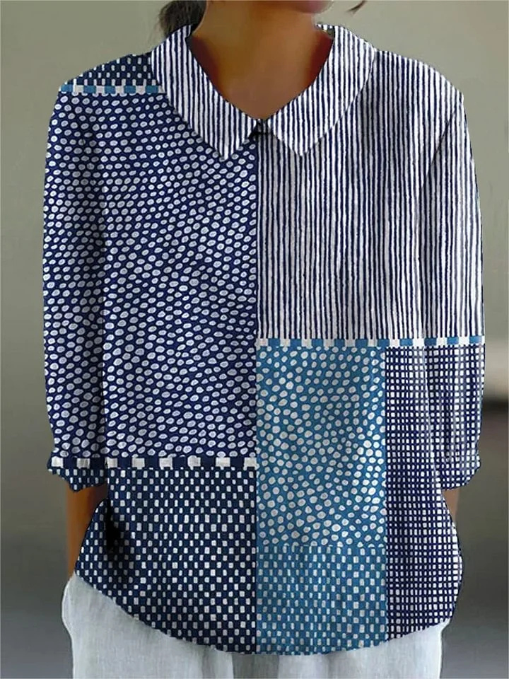 Sienna | Women's Blue Cotton Patchwork Print Collared Blouse