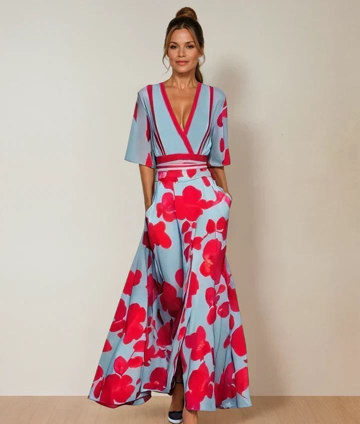 Women’s Dress Floral Wrap Maxi Dress Flowing Dress, Blue & Red / S