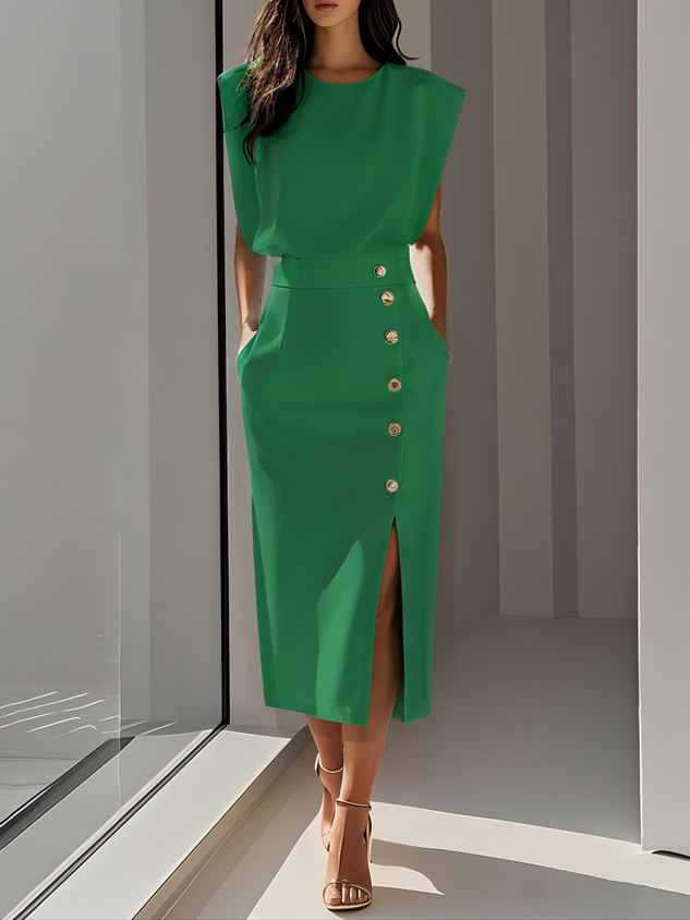 Sloane | Women's Stretch Sleeveless Button Front Slit Midi Dress Carol & Margaret Wilmington