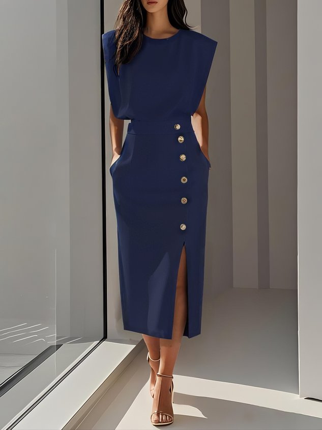 Sloane | Women's Stretch Sleeveless Button Front Slit Midi Dress Carol & Margaret Wilmington