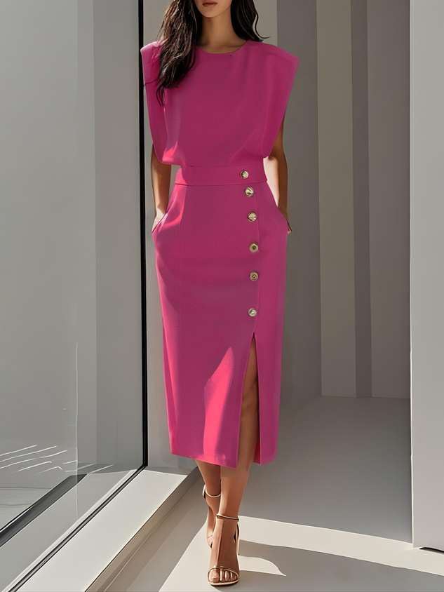 Sloane | Women's Stretch Sleeveless Button Front Slit Midi Dress Carol & Margaret Wilmington