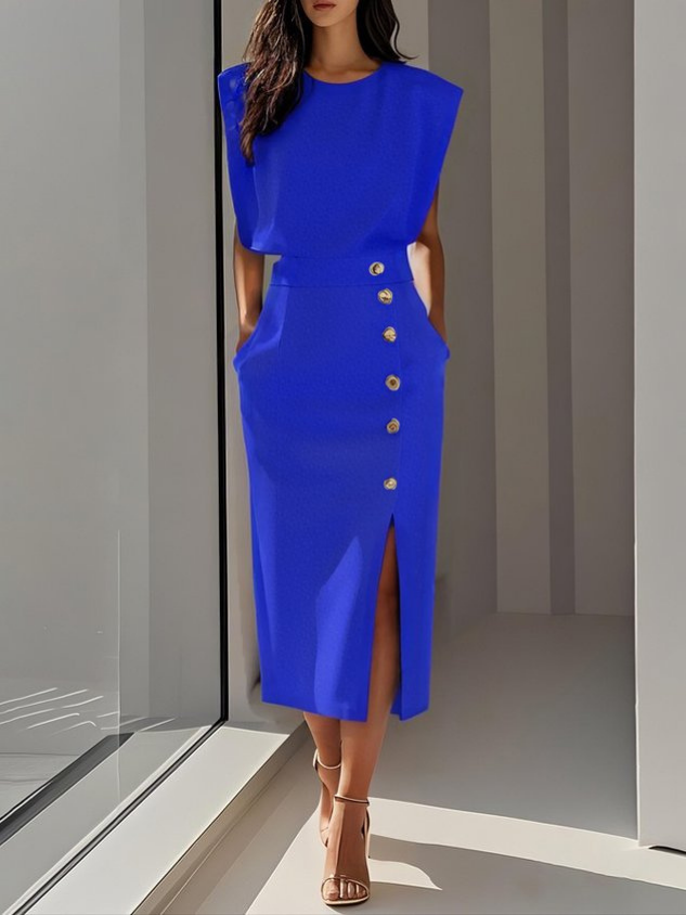 Sloane | Women's Stretch Sleeveless Button Front Slit Midi Dress Carol & Margaret Wilmington