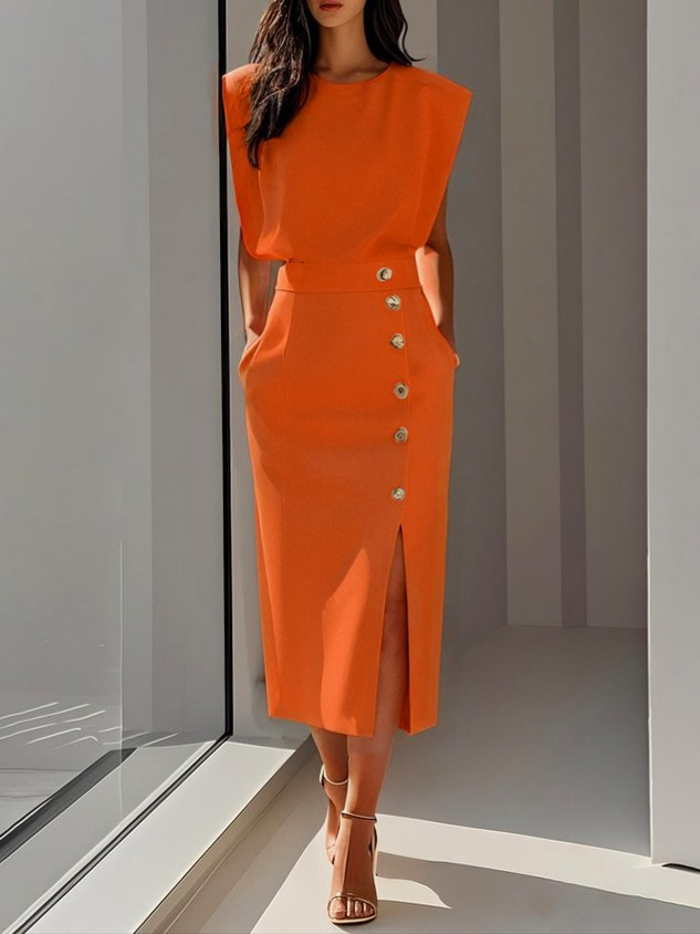 Sloane | Women's Stretch Sleeveless Button Front Slit Midi Dress Carol & Margaret Wilmington