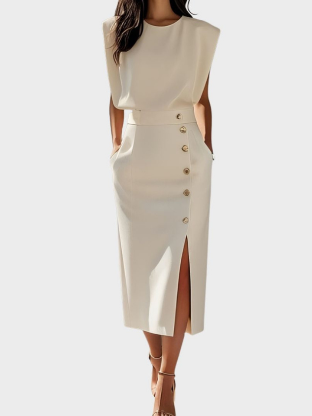 Sloane | Women's Stretch Sleeveless Button Front Slit Midi Dress Carol & Margaret Wilmington