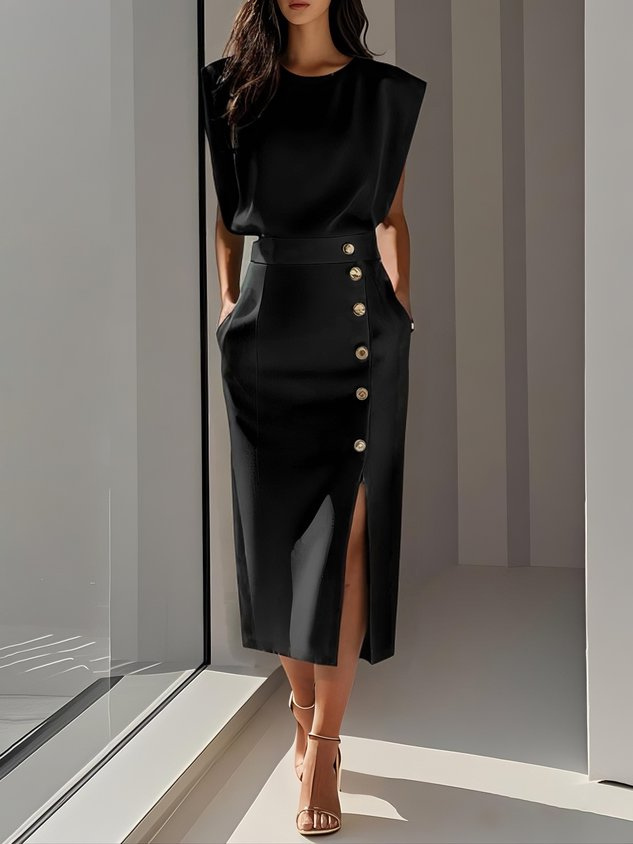 Sloane | Women's Stretch Sleeveless Button Front Slit Midi Dress Carol & Margaret Wilmington