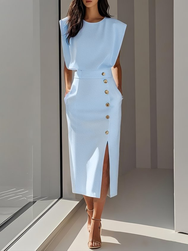 Sloane | Women's Stretch Sleeveless Button Front Slit Midi Dress Carol & Margaret Wilmington