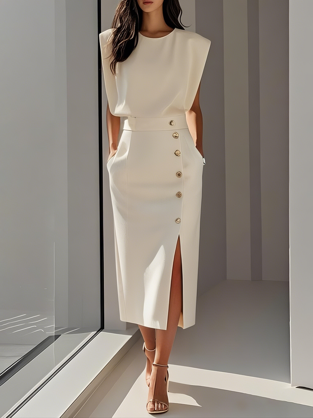 Sloane | Women's Stretch Sleeveless Button Front Slit Midi Dress Carol & Margaret Wilmington
