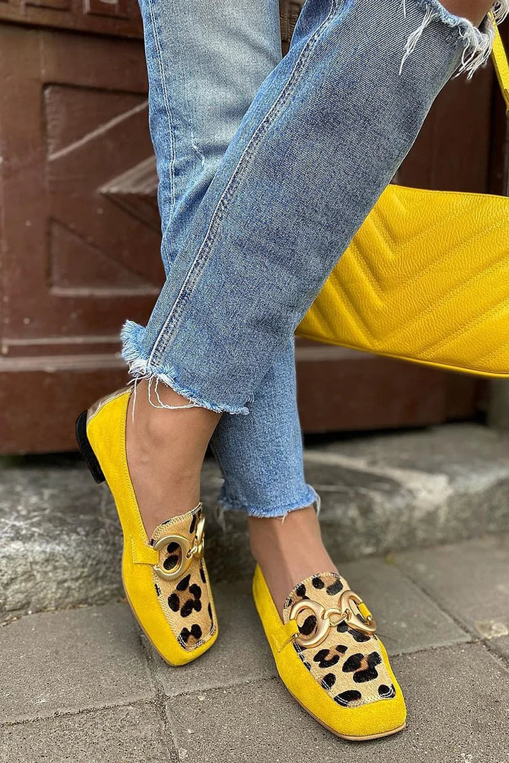 Soleil | Women's Yellow Suede Leopard Panel Horsebit Slip-On Loafers Carol & Margaret Wilmington