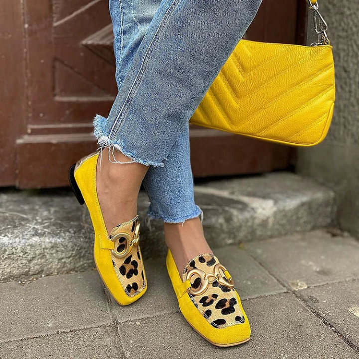 Soleil | Women's Yellow Suede Leopard Panel Horsebit Slip-On Loafers Carol & Margaret Wilmington