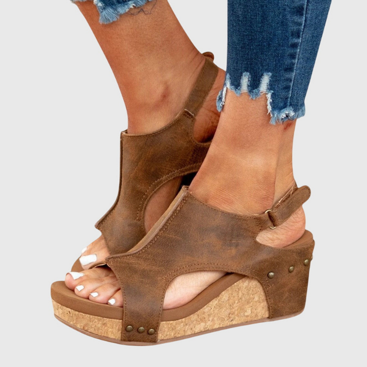 Solène | Women's Leather Open Toe Cork Wedge Slingback Sandals Carol & Margaret Wilmington