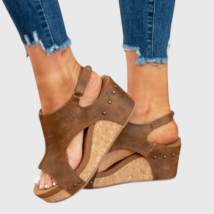 Solène | Women's Leather Open Toe Cork Wedge Slingback Sandals Carol & Margaret Wilmington