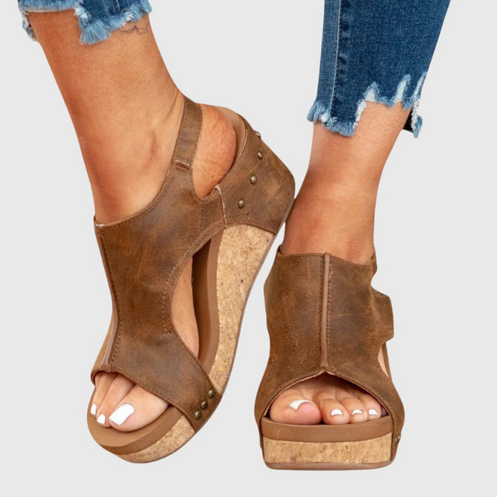 Solène | Women's Leather Open Toe Cork Wedge Slingback Sandals Carol & Margaret Wilmington