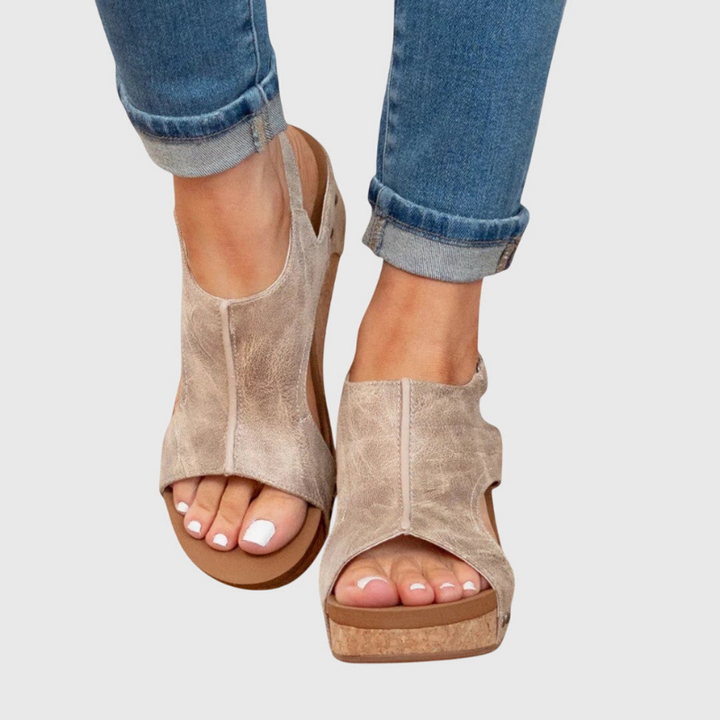 Solène | Women's Leather Open Toe Cork Wedge Slingback Sandals Carol & Margaret Wilmington