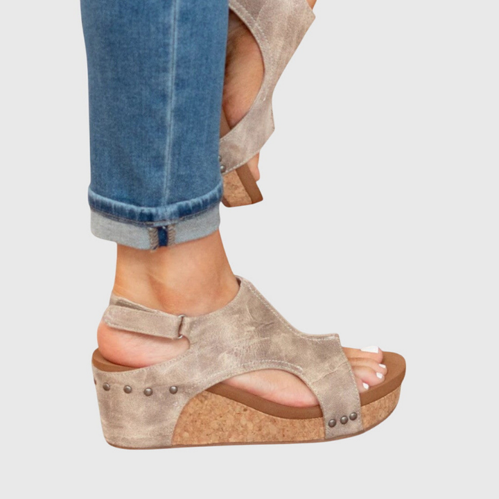 Solène | Women's Leather Open Toe Cork Wedge Slingback Sandals Carol & Margaret Wilmington
