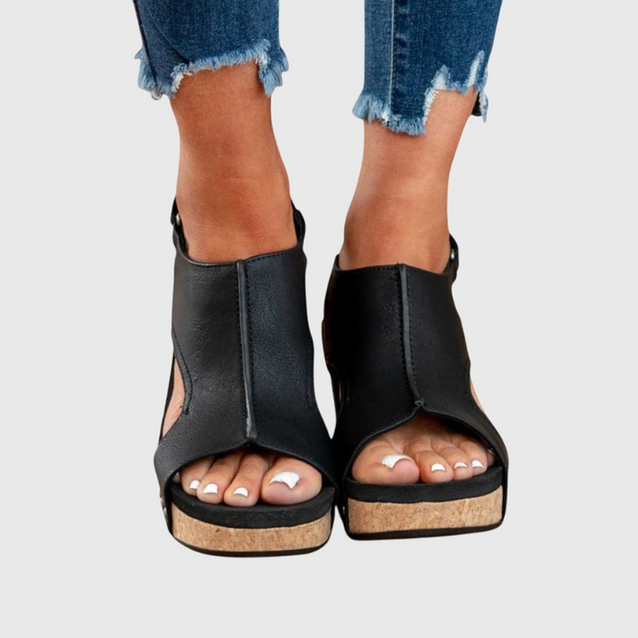 Solène | Women's Leather Open Toe Cork Wedge Slingback Sandals Carol & Margaret Wilmington