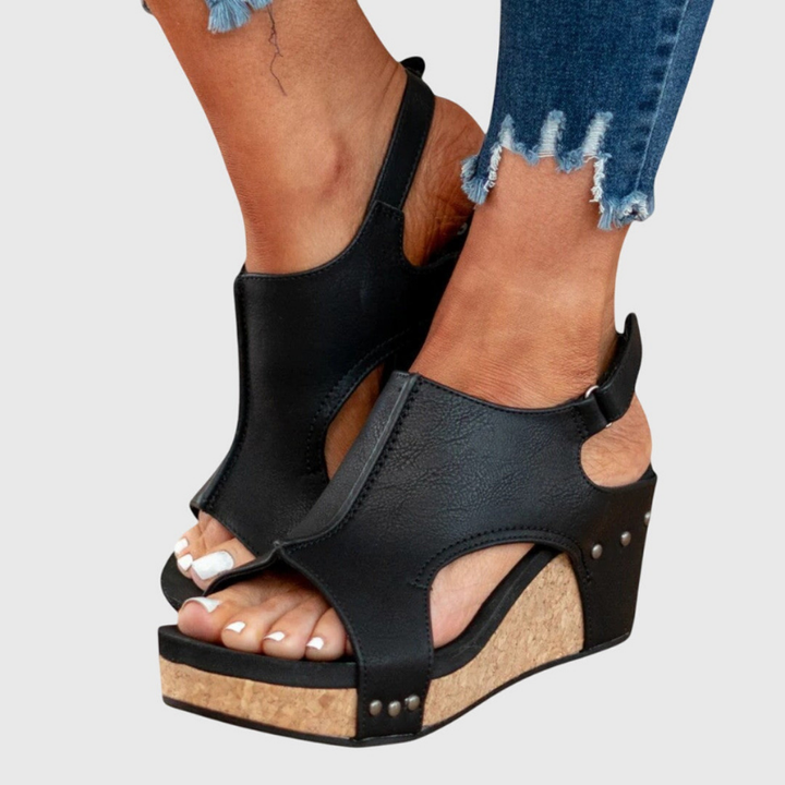 Solène | Women's Leather Open Toe Cork Wedge Slingback Sandals Carol & Margaret Wilmington
