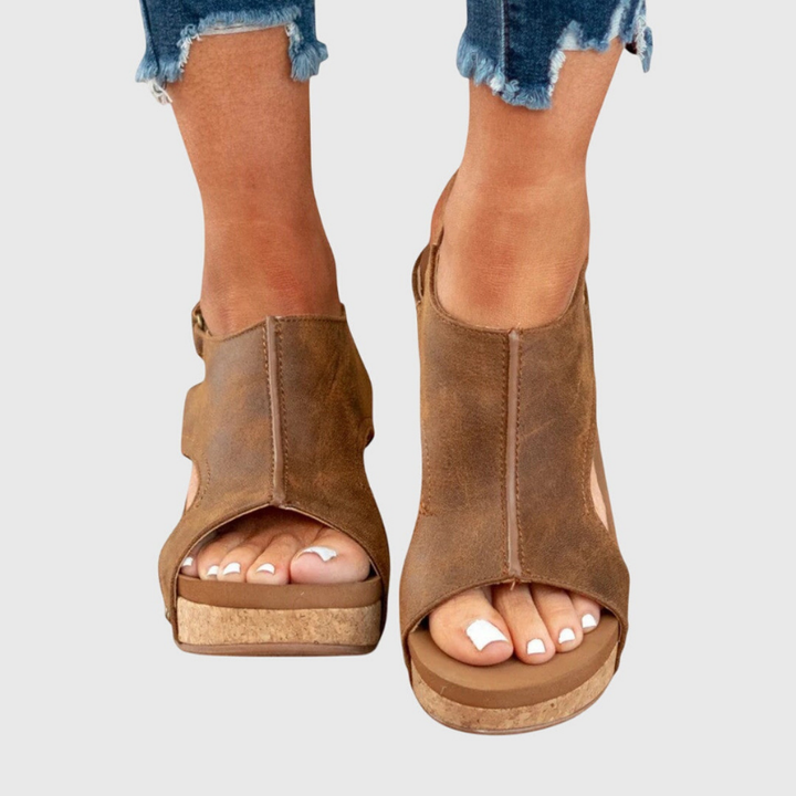 Solène | Women's Leather Open Toe Cork Wedge Slingback Sandals Carol & Margaret Wilmington