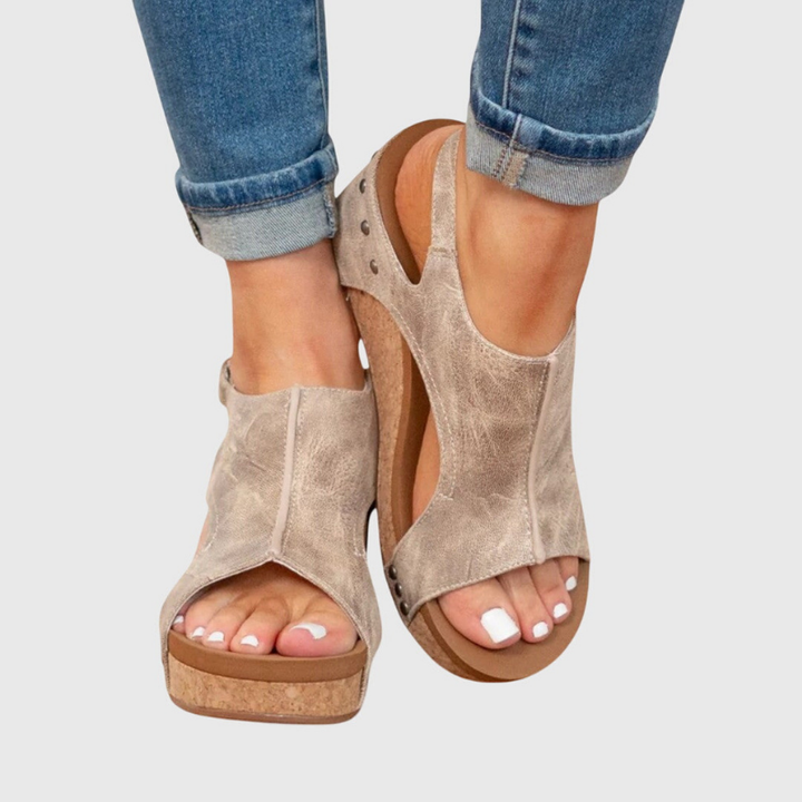 Solène | Women's Leather Open Toe Cork Wedge Slingback Sandals Carol & Margaret Wilmington