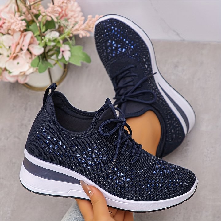 Womens Embellished Sneakers Lace Up Platform Sole