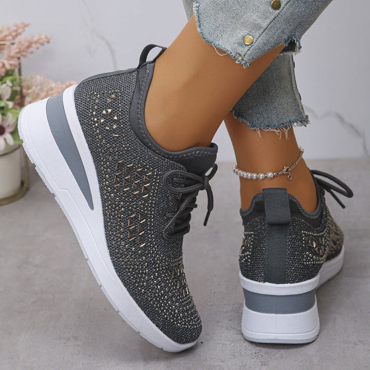 Womens Embellished Sneakers Lace Up Platform Sole
