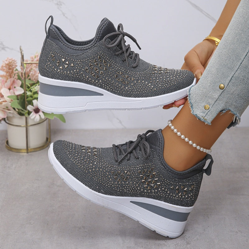 Womens Embellished Sneakers Lace Up Platform Sole