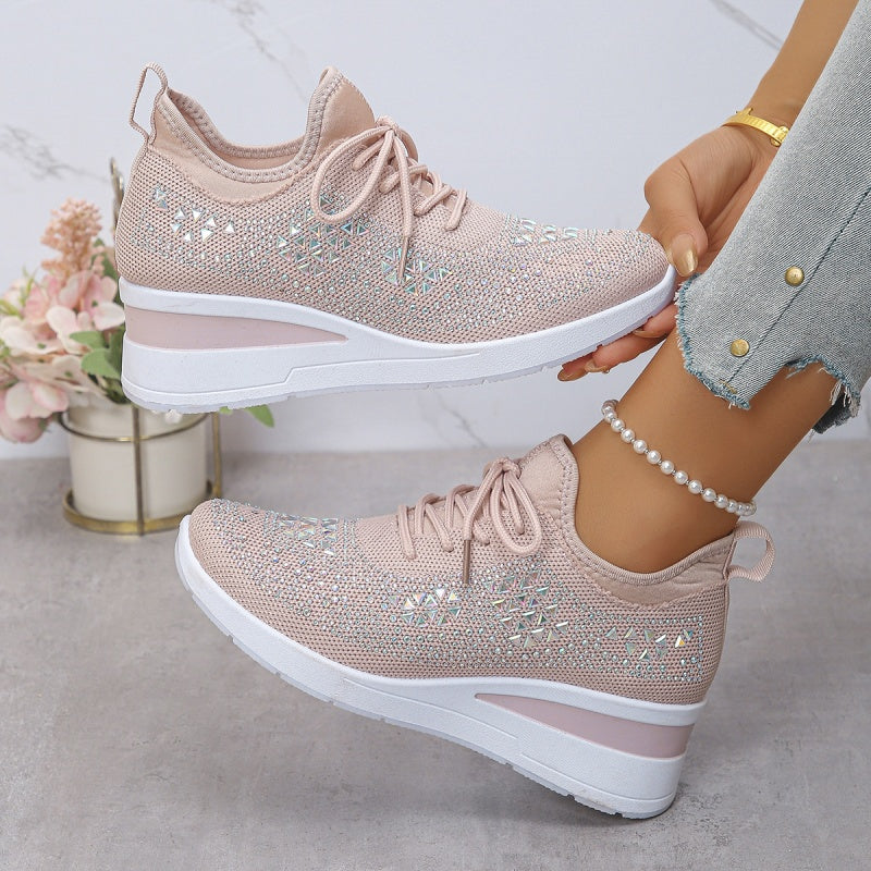 Womens Embellished Sneakers Lace Up Platform Sole