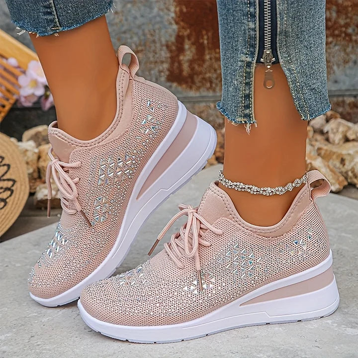Womens Embellished Sneakers Lace Up Platform Sole