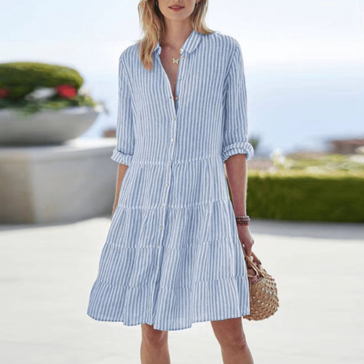 Sunny | Women's Linen Striped Collared Tiered Button-Down Dress Carol & Margaret Wilmington