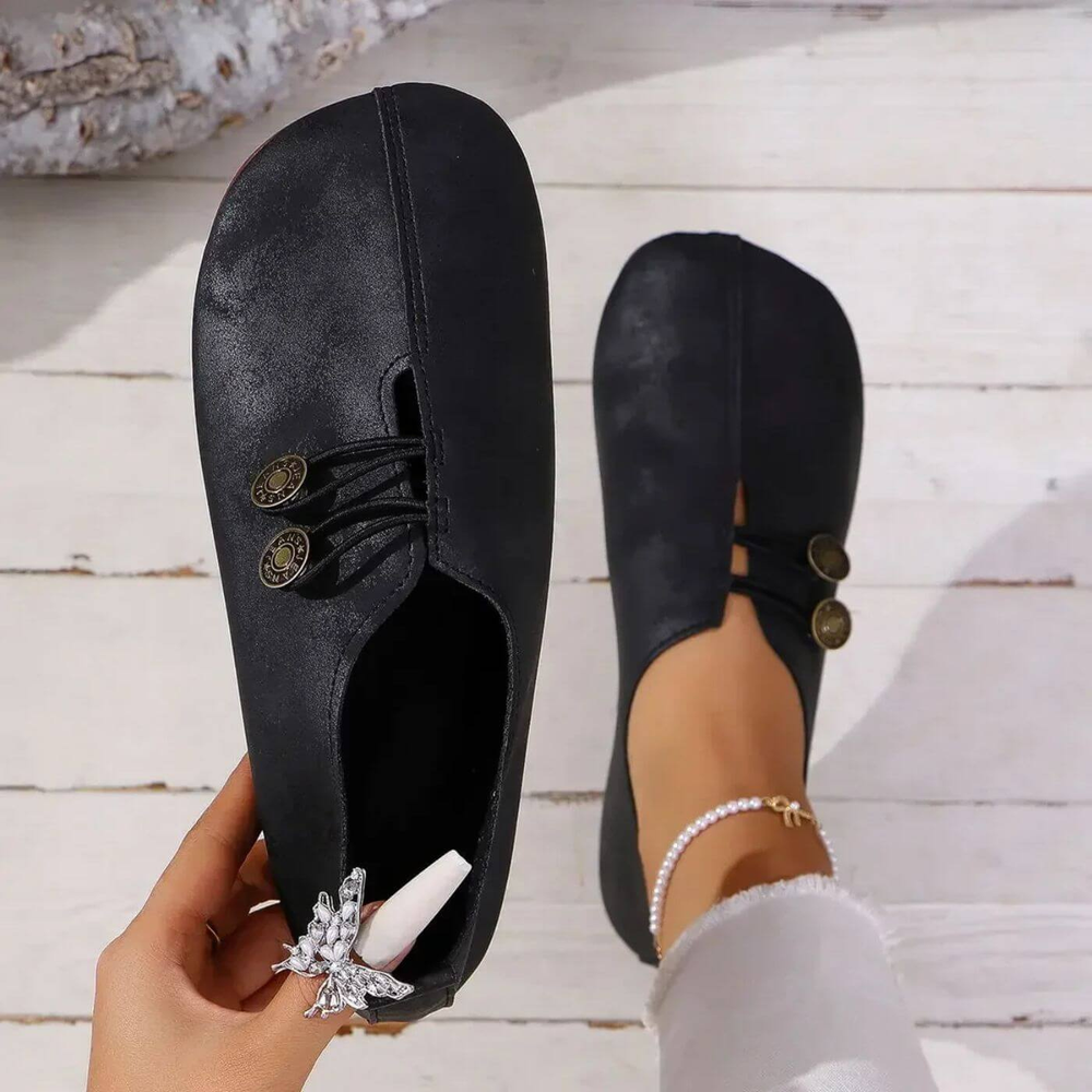 Tatum | Women's Suede Cross-Lace Button Slip-On Flats Carol & Margaret Wilmington