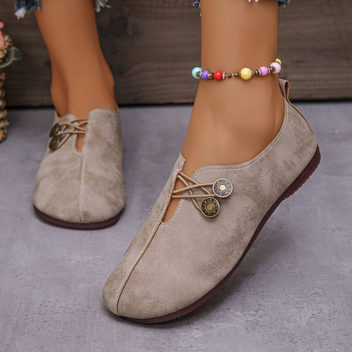 Tatum | Women's Suede Cross-Lace Button Slip-On Flats Carol & Margaret Wilmington