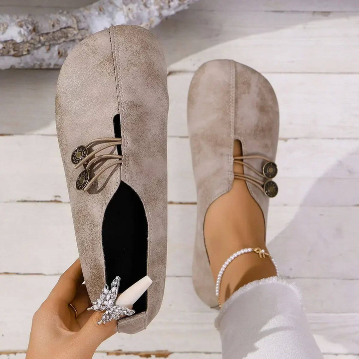 Tatum | Women's Suede Cross-Lace Button Slip-On Flats Carol & Margaret Wilmington