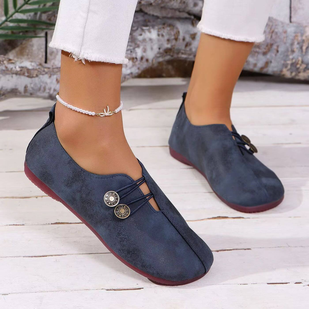 Tatum | Women's Suede Cross-Lace Button Slip-On Flats Carol & Margaret Wilmington