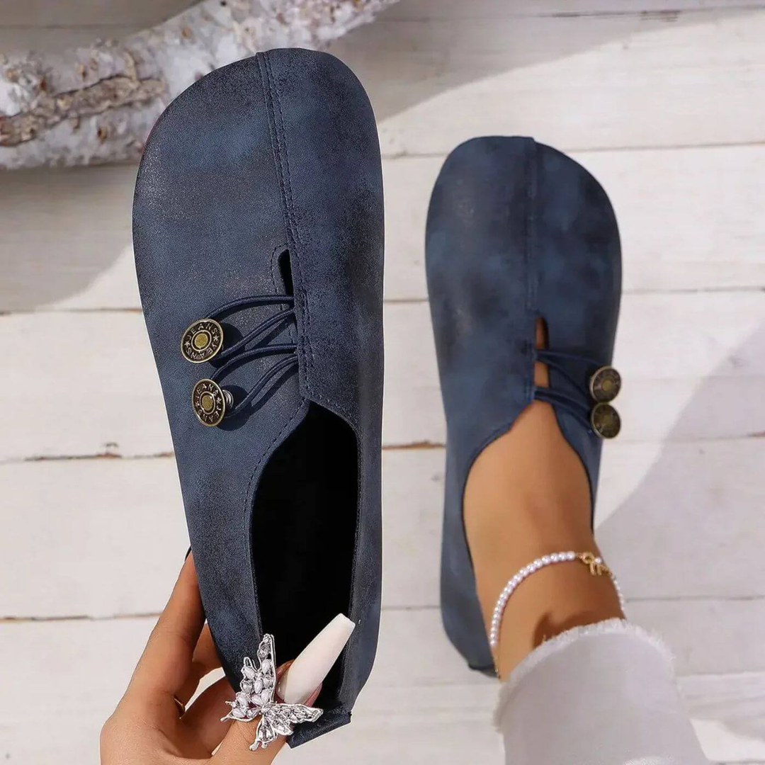 Tatum | Women's Suede Cross-Lace Button Slip-On Flats Carol & Margaret Wilmington