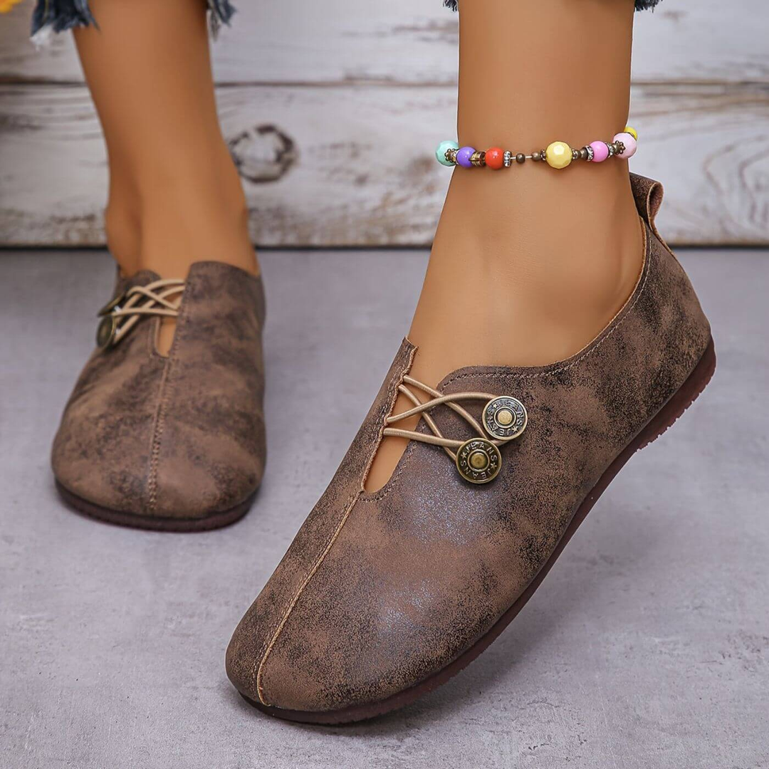 Tatum | Women's Suede Cross-Lace Button Slip-On Flats Carol & Margaret Wilmington