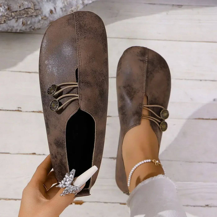 Tatum | Women's Suede Cross-Lace Button Slip-On Flats Carol & Margaret Wilmington