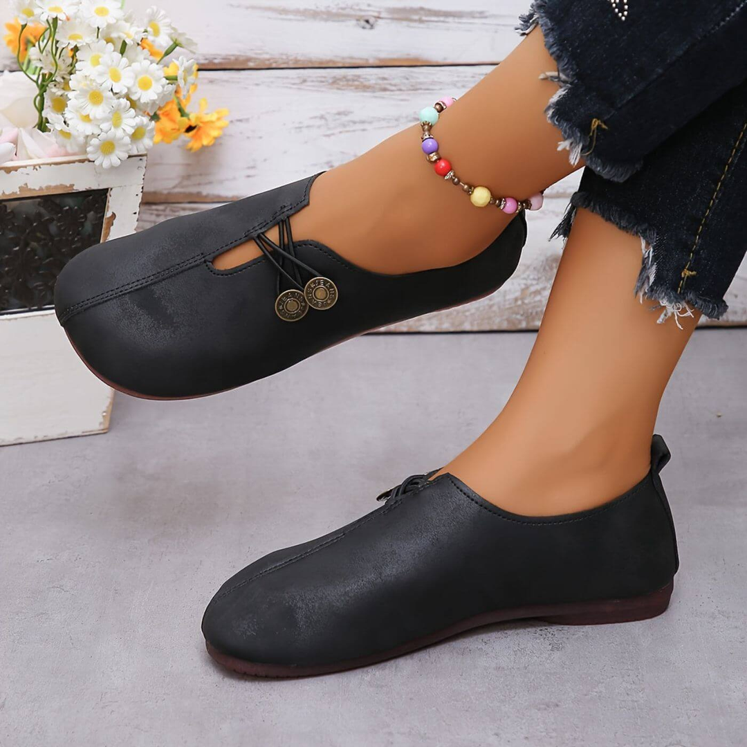 Tatum | Women's Suede Cross-Lace Button Slip-On Flats Carol & Margaret Wilmington