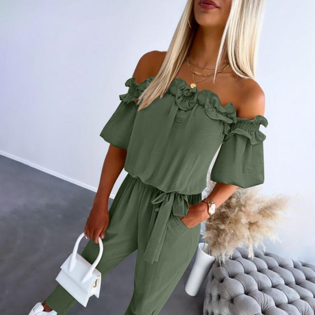 Tavi | Women's Cotton Off-Shoulder Ruffle Tie-Waist Jumpsuit Carol & Margaret Wilmington